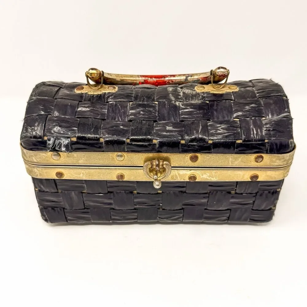 Vintage Woven Plastic Raffia Box Purse Black Gold Lucite Handle Jewelry Case